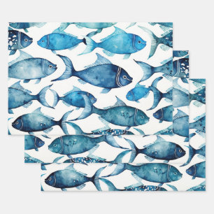 Waterverf blauwe oceaanvis   nautisch Kinder struc Inpakpapier Vel