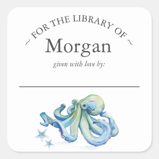 Waterverf Blauwe Octopus Boekplaat Vierkante Sticker (Voorkant)