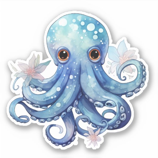 Waterverf Blauwe Octopus Sticker (Voorkant)