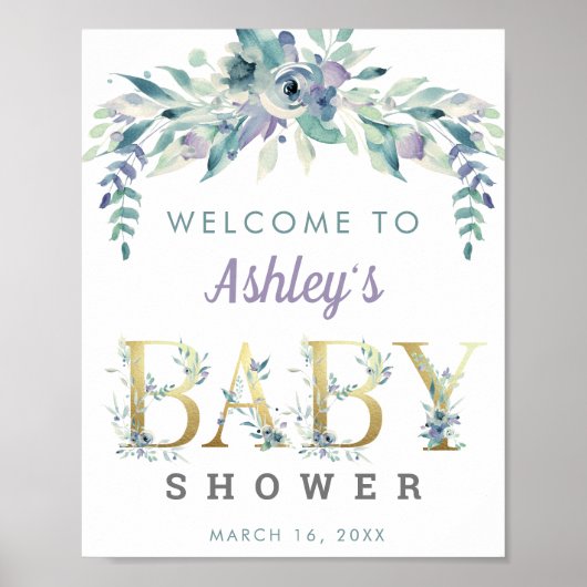 Waterverf Blauwe paarse bloemen welkom Baby shower Poster (Voorkant)