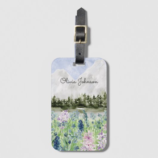 Waterverf Blauwe Paarse bloemenweide op de berg Bagagelabel (Voorkant (verticaal))