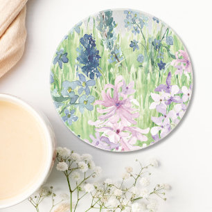 Waterverf Blauwe Paarse bloemenweide op de berg Zandsteen Onderzetter