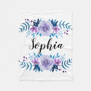 Waterverf Blauwe Paarse Floral - Aangepaste tekst Fleece Deken