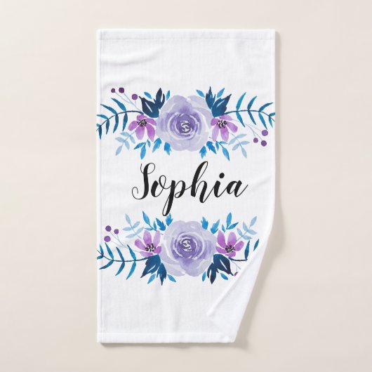 Waterverf Blauwe Paarse Floral - Aangepaste tekst Handdoek (Handdoek)