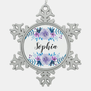 Waterverf Blauwe Paarse Floral - Aangepaste tekst Tin Sneeuwvlok Ornament