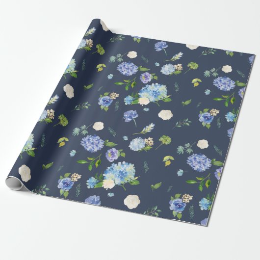 Waterverf Blauwe & Paarse Hortensia's Cadeaupapier (Uitgerold)
