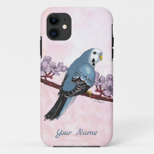 Waterverf Blauwe Parkiet met Bloesems iPhone 11 Hoesje
