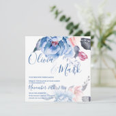 Waterverf Blauwe peach Floral Script Weddenschap b Kaart (Staand voorkant)