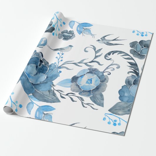 Waterverf Blauwe pony en zwaluwpap Cadeaupapier (Uitgerold)