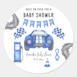 Waterverf Blauwe Raceauto Baby Shower Ronde Sticker