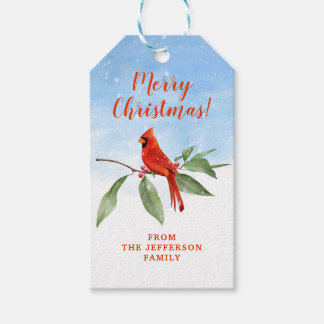 Waterverf Blauwe Rode Rood Kardinaal Bird Cadeaulabel