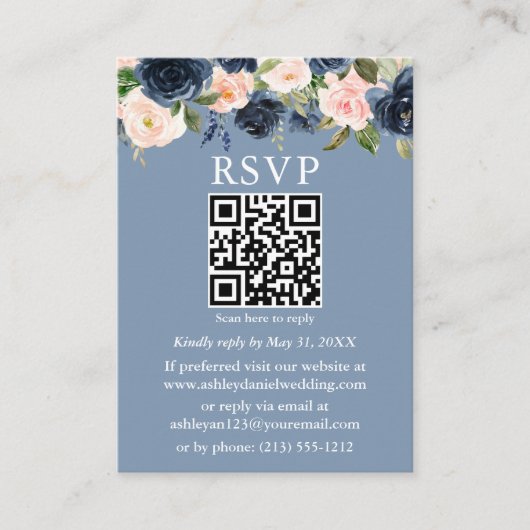 Waterverf Blauwe Roze Floral QR RSVP Informatiekaartje (Voorkant)