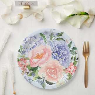 Waterverf Blauwe Roze Hortensia Pioen Lente Bloems Papieren Bordje