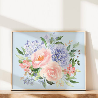Waterverf Blauwe Roze Hortensia Pioen Lente Bloems Poster