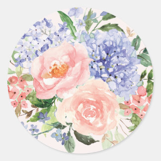 Waterverf Blauwe Roze Hortensia Pioen Lente Bloems Ronde Sticker