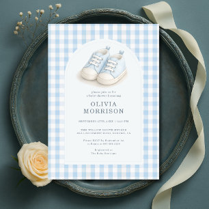 Waterverf Blauwe Schoenen Geruite Baby Shower Kaart