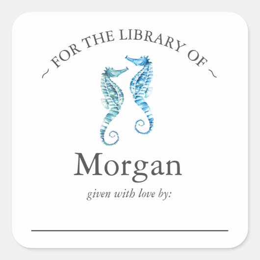 Waterverf Blauwe Seahorses Bookplate Vierkante Sticker (Voorkant)