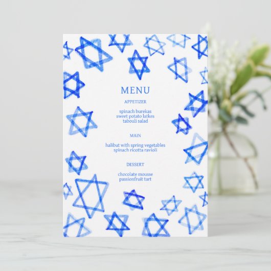 Waterverf Blauwe Ster van David Bar Bat Mitswa Menu (Staand voorkant)