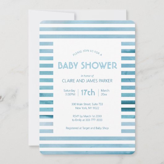 Waterverf Blauwe strepen Eenvoudig Baby shower Kaart (Voorkant)