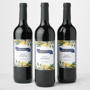 Waterverf Blauwe Tegel Lemons Limocello Wijn Etiket