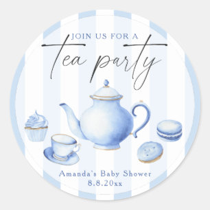 Waterverf Blauwe Theepartij Baby Shower Ronde Sticker