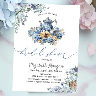 Waterverf Blauwe Theepot Bloemige Baby Shower Kaart