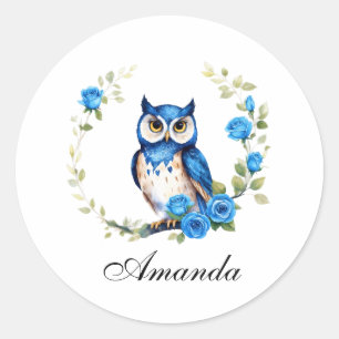 Waterverf Blauwe Uil en Rozen Girly Ronde Sticker