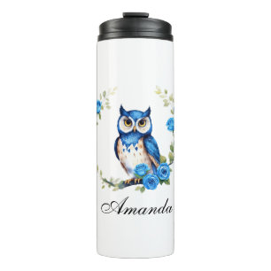 Waterverf Blauwe Uil en Rozen Girly Thermosbeker