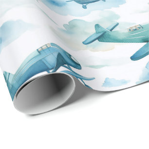 Waterverf Blauwe Vliegtuig Nurseryaankleding, Zach Cadeaupapier