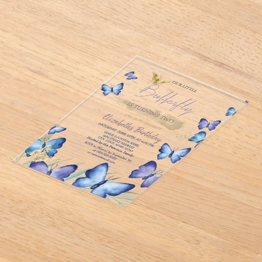 Waterverf Blauwe Vlinders Regenboog Verjaardag Acryl Uitnodigingen (Laagn)