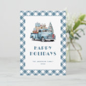 Waterverf Blauwe Vrachtwagen Sneeuw Plaid Feestdagenkaart (Staand voorkant)