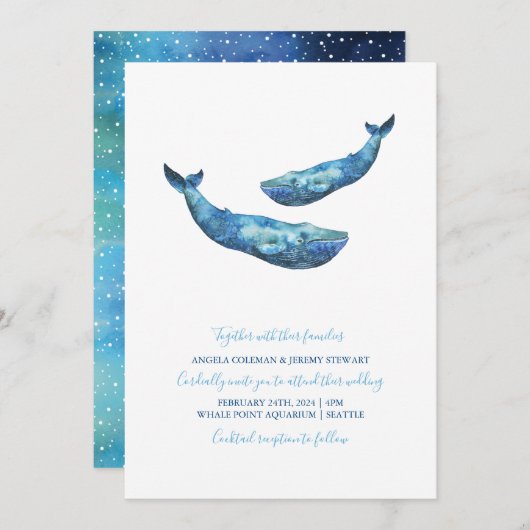 Waterverf blauwe walvis bruiloft kaart (Voorkant / Achterkant)