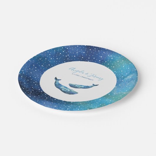 Waterverf blauwe walvis bruiloft papieren bordje (Gekanteld)