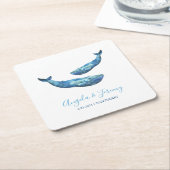 Waterverf blauwe walvis bruiloft vierkante kartonnen onderzetter (Schuin)