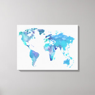 Waterverf Blauwe Wereldkaart Canvas Afdruk