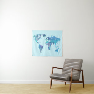 Waterverf Blauwe Wereldkaart Wandkleed