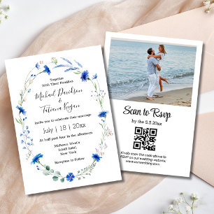waterverf blauwe wilde bloemen trouwfoto qr code kaart