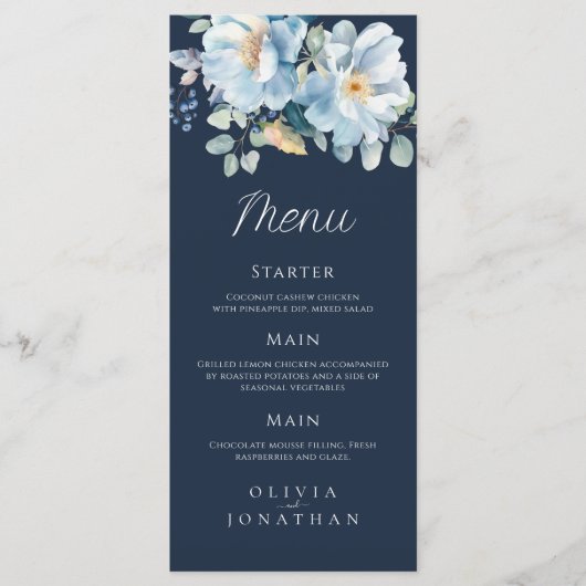 Waterverf Blauwe Winter Bloemen Huwelijk Menu (Voorkant)