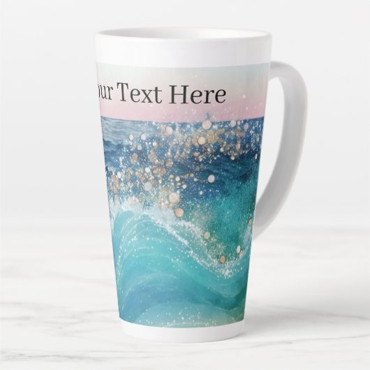 Waterverf Blauwe Witte Oceaan Wave Aangepaste Foto Latte Mok (Rechterhoek)