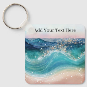 Waterverf Blauwe Witte Oceaan Wave Aangepaste Foto Sleutelhanger