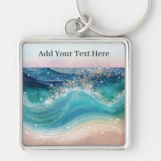 Waterverf Blauwe Witte Oceaan Wave Aangepaste Foto Sleutelhanger (Voorkant)