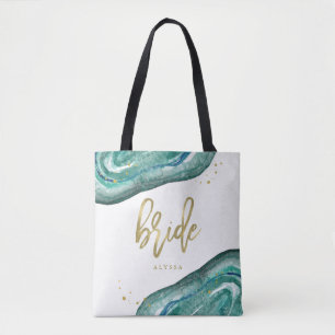 Waterverf Blauwgroen en Gold Look Geode Bruid Tote Bag