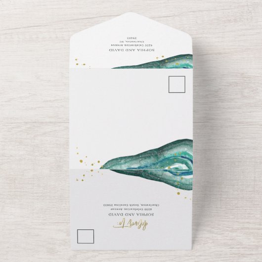 Waterverf Blauwgroen en Gouden Geode Bruiloft All In One Uitnodiging (Buitenkant)