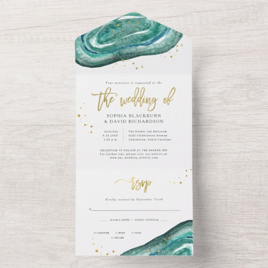 Waterverf Blauwgroen en Gouden Geode Bruiloft All In One Uitnodiging (Binnen)