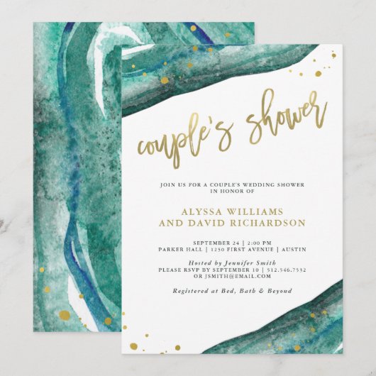 Waterverf Blauwgroen en Gouden Geode Couples Showe Kaart (Voorkant / Achterkant)