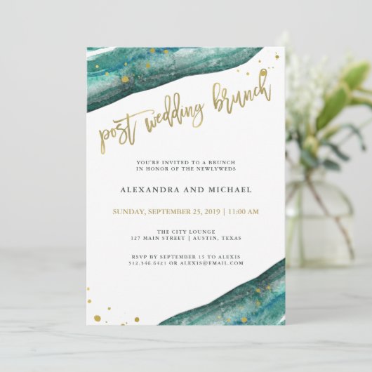 Waterverf Blauwgroen en Gouden Geode Post Bruiloft Kaart (Staand voorkant)