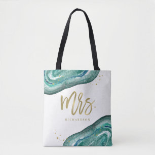 Waterverf Blauwgroen en gouden look Geode   Mevrou Tote Bag