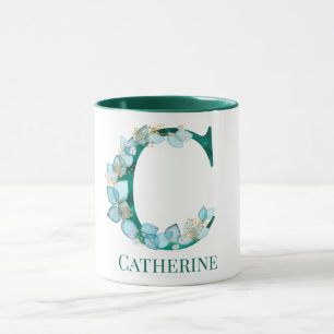 Waterverf Blauwgroen en Gouden Monogram Letter C Mok