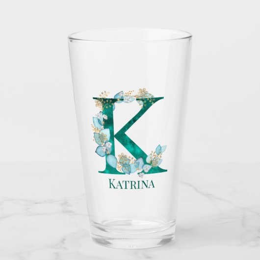 Waterverf Blauwgroen en Gouden Monogram Letter K Glas (Voorkant)
