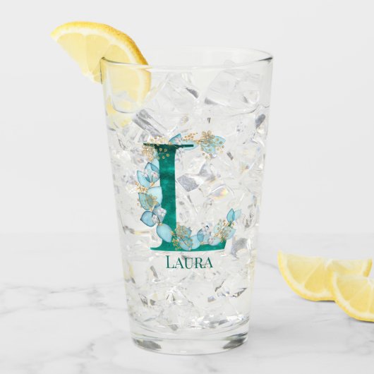 Waterverf Blauwgroen en Gouden Monogram Letter L Glas (Voorkant ijs)